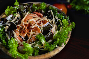 organic and healthy prawn or shrimp salad  with fresh vegetable on top with mayonnaise