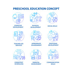 Kids preschool education concept icons set. Childcare center. Parenting and toddlers development. Early childhood idea thin line RGB color illustrations. Vector isolated outline drawings