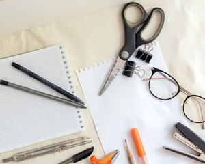 School and office supplies. Top view. Isolated on white background