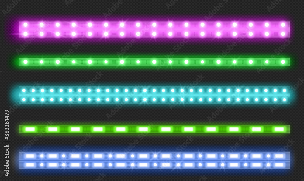 Aufkleber double row led strips with neon glow effect isolated on transparent background. vector realistic set