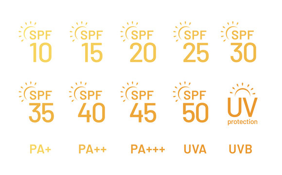 Set of simple flat SPF sun protection icons for sunscreen packaging. UV protection for skin. Icons for sunscreen products or other skin cosmetics. - Vector illustration