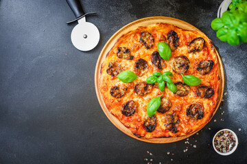 pizza salami sausages cheese classic recipe sauce fast food Takeaway Menu concept serving size. food background top view copy space for text organic healthy eating