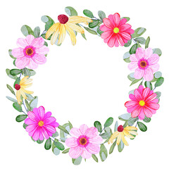 Watercolor hand drawn wreath with gelenium and gerbera isolated on white background. Bright wreath with autumn flowers.
