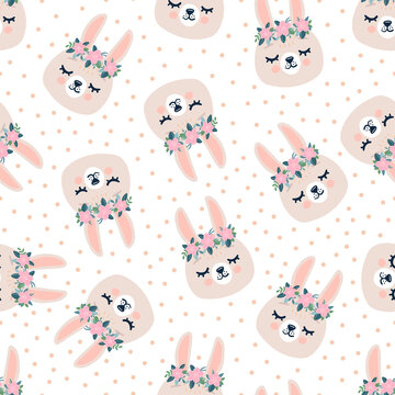 Cute seamless spring pattern with sleeping rabbits heads, hearts. Hand drawn background with animal for children.