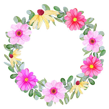 Watercolor hand drawn wreath with gelenium and gerbera isolated on white background. Bright wreath with autumn flowers.
