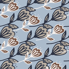 Beige and brown flowers on seamless botanic pattern. Light blue background.