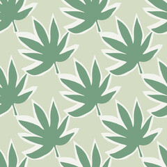 Diagonal hemp leaves on seamless pattern in pastel green tones.