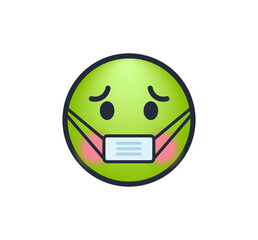 A nauseated sick face green emoji, wearing a mask to help prevent the spread of COVID-19.		