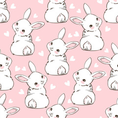 Seamless Pattern Rabbit. Hand Drawn Bunny and heart, print design rabbit background. Seamless. Print Design Textile for Kids Fashion.