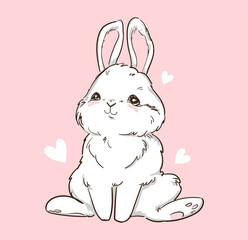 Hand Drawn Cute Bunny and heart on a pink background. Print design rabbit. Children Print on t-shirt. Vector illustration