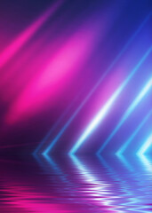 Abstract dark futuristic background. Neon rays of light are refl