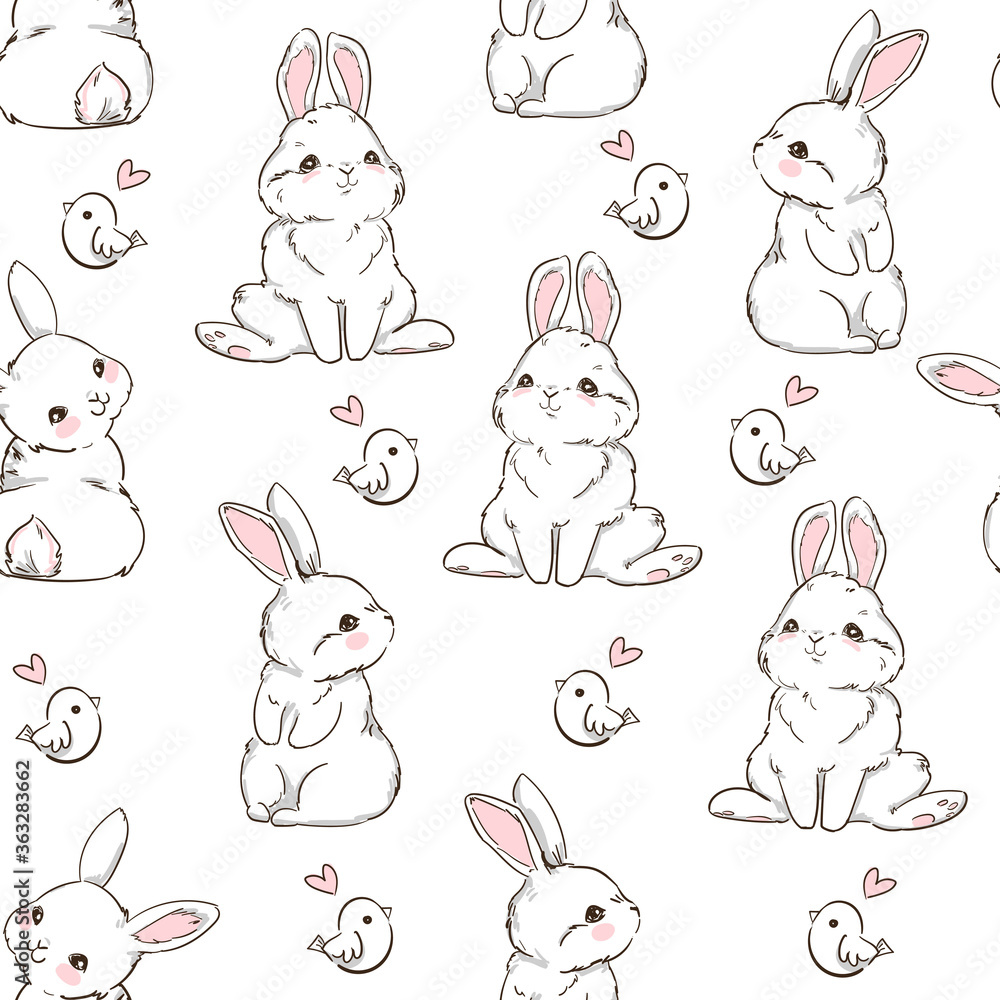 Aufkleber seamless pattern rabbit. hand drawn bunny and a little bird, print design rabbit background. vector 