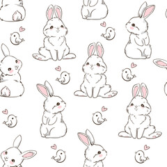 Fototapeta premium Seamless Pattern Rabbit. Hand Drawn Bunny and a little bird, print design rabbit background. Vector Seamless. Print Design Textile for Kids Fashion.