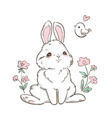 Hand Drawn Bunny and little bird, flowers. Cute Rabbit Vector. Print Design for Kids Fashion.