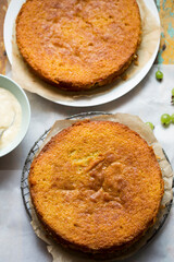 Sticky gooseberry saffron cake with vanilla custard
