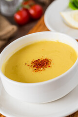 Red lentil soup. Traditional middle eastern, turkish , ramadan cuisine. Vegan food . Top view