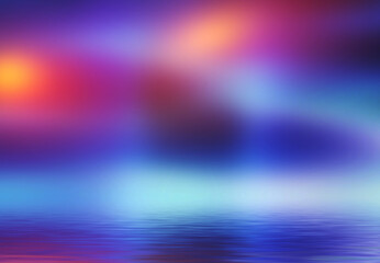 Abstract dark futuristic background. Neon rays of light are reflected from the water. Background of empty stage show, beach party. 3d illustration