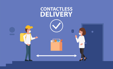 Contactless delivery illustration. A male courier in a protective mask remotely transmits an order to the client at a distance of about 2 meters to isolate and protect against coronavirus or Covid-19.