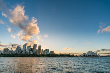 Sydney downtown skyline during sunset at Sydney harbor bay, NSW, Australia
