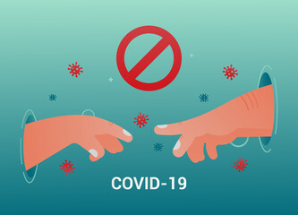 Vector concept of social distance that helps stop infection from a coronavirus. Сovid-19. Hands reach for each other, but they are forbidden to touch as a dangerous virus flies in the air.Illustration