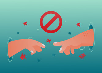 Vector concept of social distance that helps stop the virus. Hands reach for each other, but they are forbidden to touch as a dangerous coronavirus flies in the air. COVID-19. Epidemic prevention.