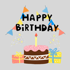 happy birthday pattern, greeting card, festive cake with candles, flags, gifts, fireworks, happy birthday lettering in children’s hand-drawn