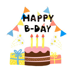 happy birthday pattern, greeting card, festive cake with candles, flags, gifts, fireworks, happy birthday lettering in children’s hand-drawn