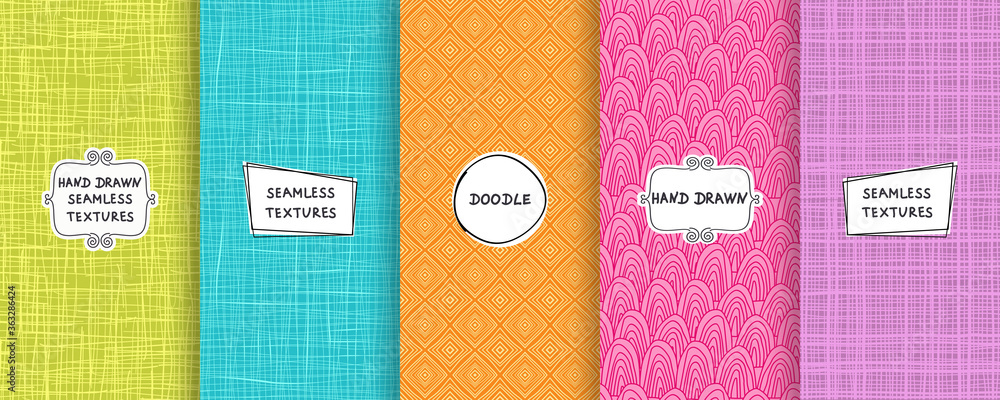 Poster set of seamless hand drawn texture designs for backgrounds, business cards, web design. doodle patte