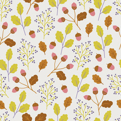 Floral seamless pattern with berries, oak leaves and acorns