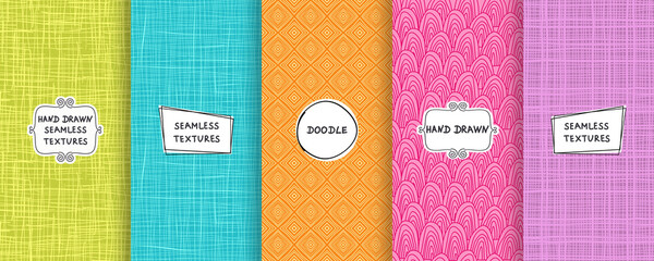 Set of seamless hand drawn texture designs for backgrounds, business cards, web design. Doodle pattern with trendy modern labels on bright background. vector illustration
- 363286424
