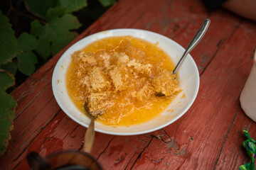 honey on a white plate