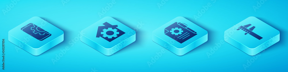 Poster set isometric setting on smartphone, house with gear, calliper or caliper and scale and document set