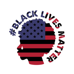 Vector illustration with the text Black Lives Matter. Silhouette of a black Human and the flag of the United States of America. All lives matter, stop racism poster. I can t breathe. Stop shooting.