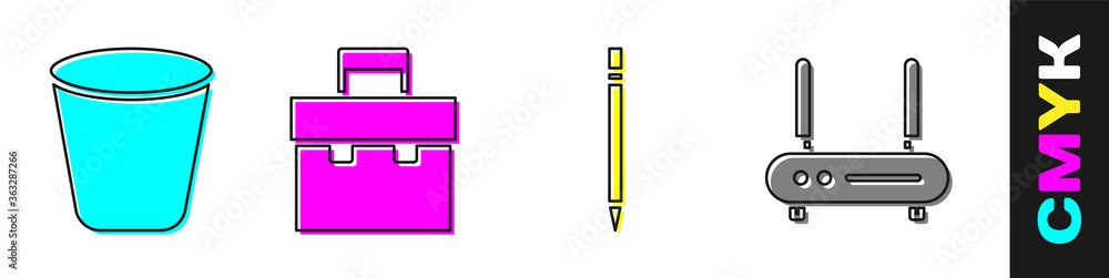 Poster set trash can, briefcase, pencil with eraser and router and wi-fi signal icon. vector.