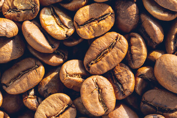 Freshly roasted coffee beans background. Roasted coffee beans, can be used as a background