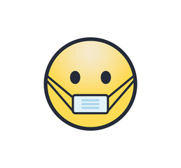 A regular yellow face smiley emoji, wearing a mask to help prevent the spread of COVID-19.	