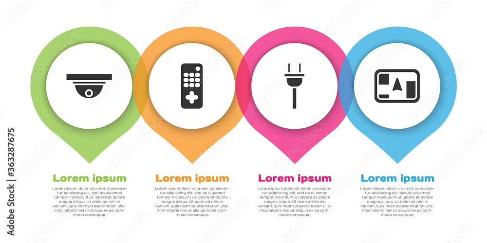 Poster set motion sensor, remote control, electric plug and gps device with map. business infographic templ
