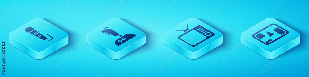 Poster set isometric microphone, joystick for arcade machine, gps device with map and retro tv icon. vector