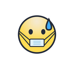 A sweating face emoji, wearing a mask to help prevent the spread of COVID-19.	