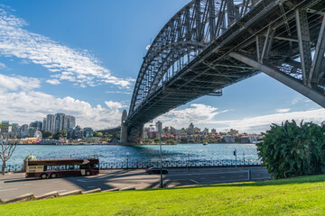 View of Sydney harbor bridge and sydney downtown skyline, Australia.