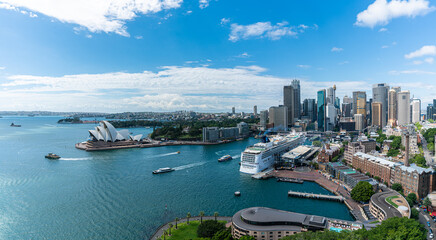Panorama view of Sydney harbor bay and Sydney downtown skyline with opera house in a beautiful...