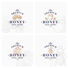 Premium Quality Honey Signs, Symbols or Logo Templates Collection. Hand Drawn Bee, Jar and Clover Sketches with Retro Typography. Local Apiary Vintage Emblems Set with Background.