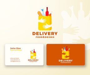 Flat Style Colorful Food and Drinks Delivery Abstract Vector Logo and Business Card Template. Paper Bag with Hands, Bread, Wine, Fish, etc. Negative Space Shopping Emblem or Catering Icon.