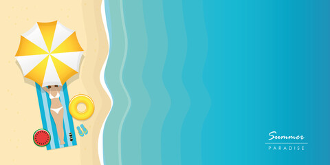girl on the beach under umbrella with sunglasses and swim ring summer holiday design with copy space vector illustration EPS10