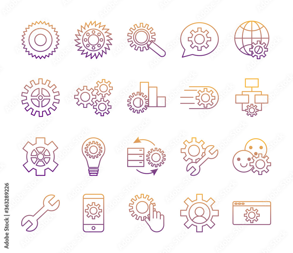 Poster bundle of gears machine set icons