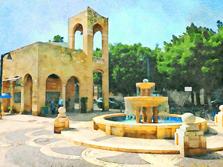 digital watercolor painting of the fountain square on jerusalem avenue in the noga district of jaffa, tel aviv, israel - obrazy, fototapety, plakaty