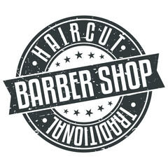 Barber Shop Haircut Traditional Stamp Round Icon Vector Art badge.