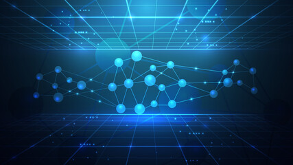 Illustration of a crystal lattice of atoms and particles.