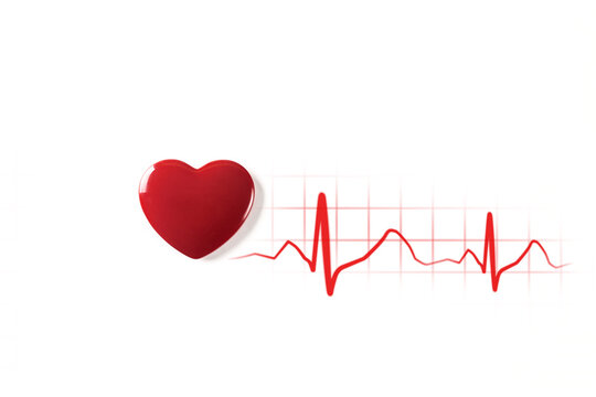 Red heart on a white background. Pulse rate diagram. Electrocardiogram. Prevention of heart disease.