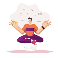 programmer developer in yoga pose working on code, coding, testing, debugging, analysing. young man works with programming languages. stock vector illustration isolated on white